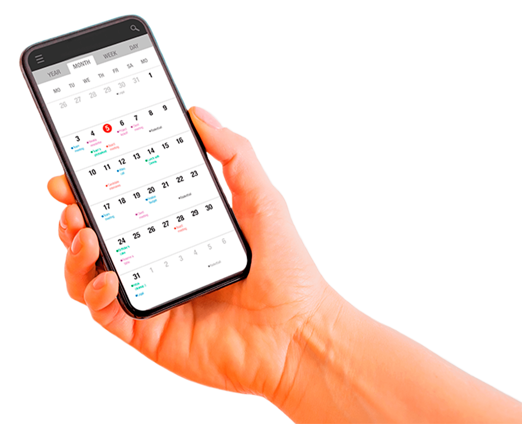 Mano sosteniendo un teléfono celular que proyecta un calendario