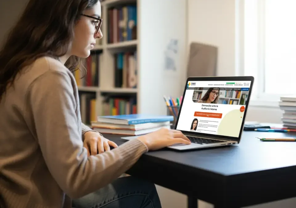 Mujer con una laptop viendo información relacionado a denuncias