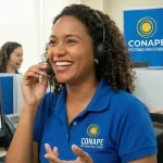 Mujer feliz, ofreciendo servicios de CONAPE en una llamada telefónica