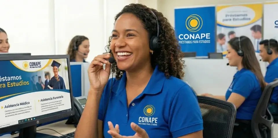 Mujer feliz, ofreciendo servicios de CONAPE en una llamada telefónica